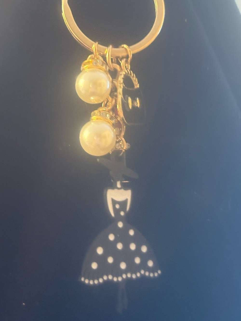 Gold-Tone Pearl & Black Dress Charm Keyring/purse bling
